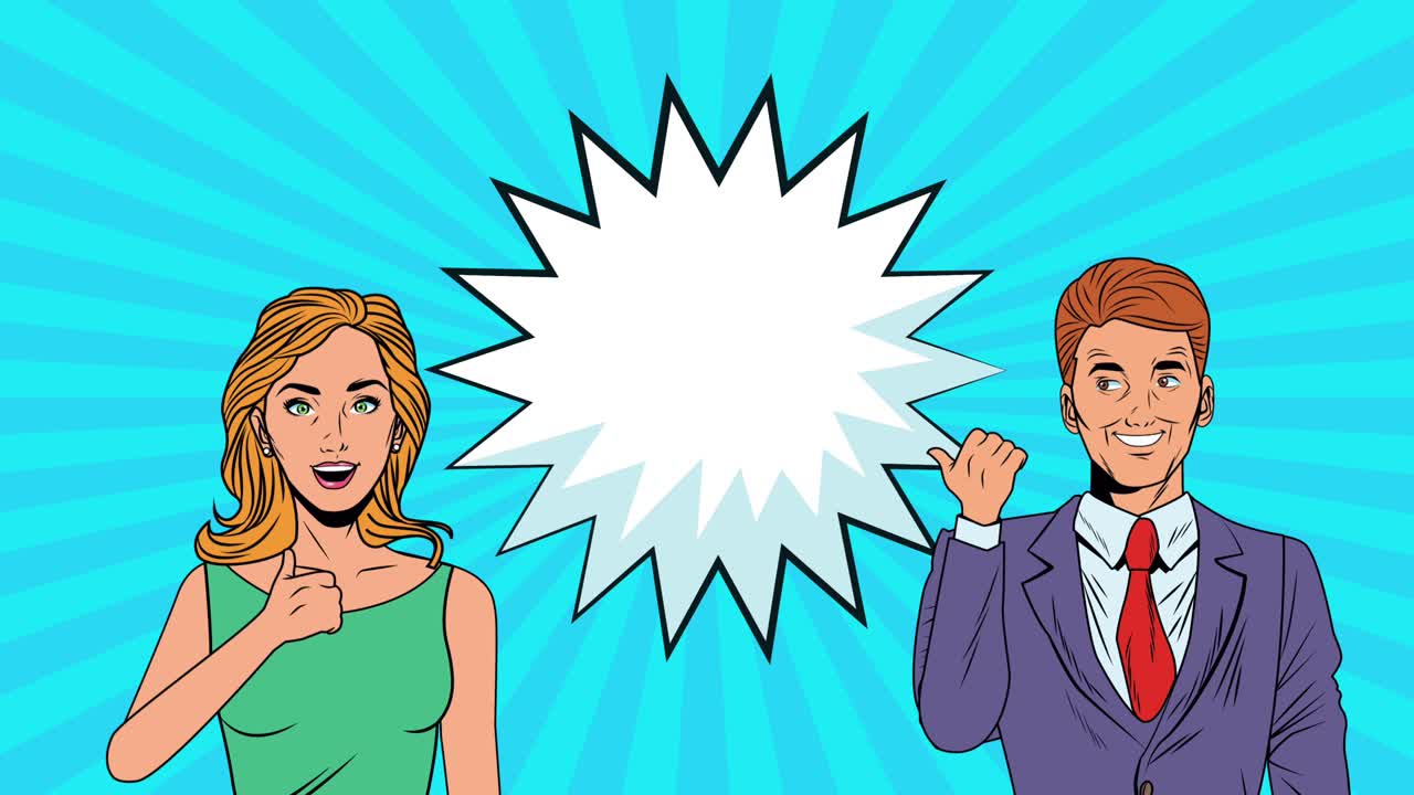 표현 풍선 팝 아트 스타일의 애니메이션을 가진 젊은 커플