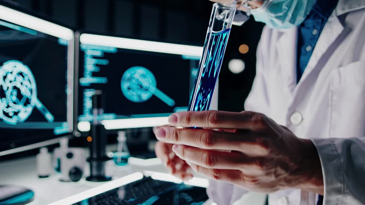 Close-up, low-angle shot of a scientist examining a test tube, with computer screens