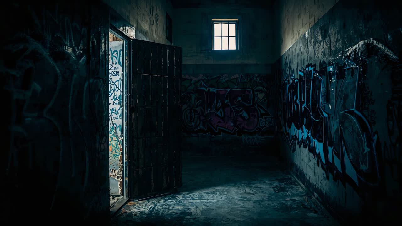 Showing heavy rusted door ajar exposing narrow tagged hall to light from barred window, copy space
