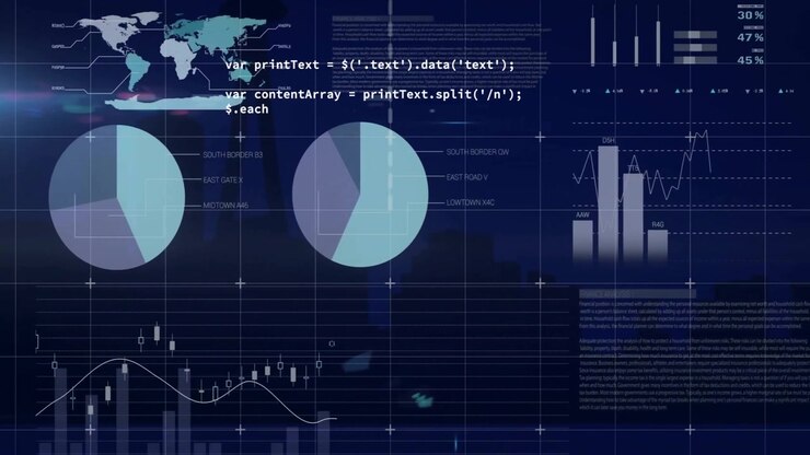 Animasjon av digital databehandling over statistikk på mørk bakgrunn