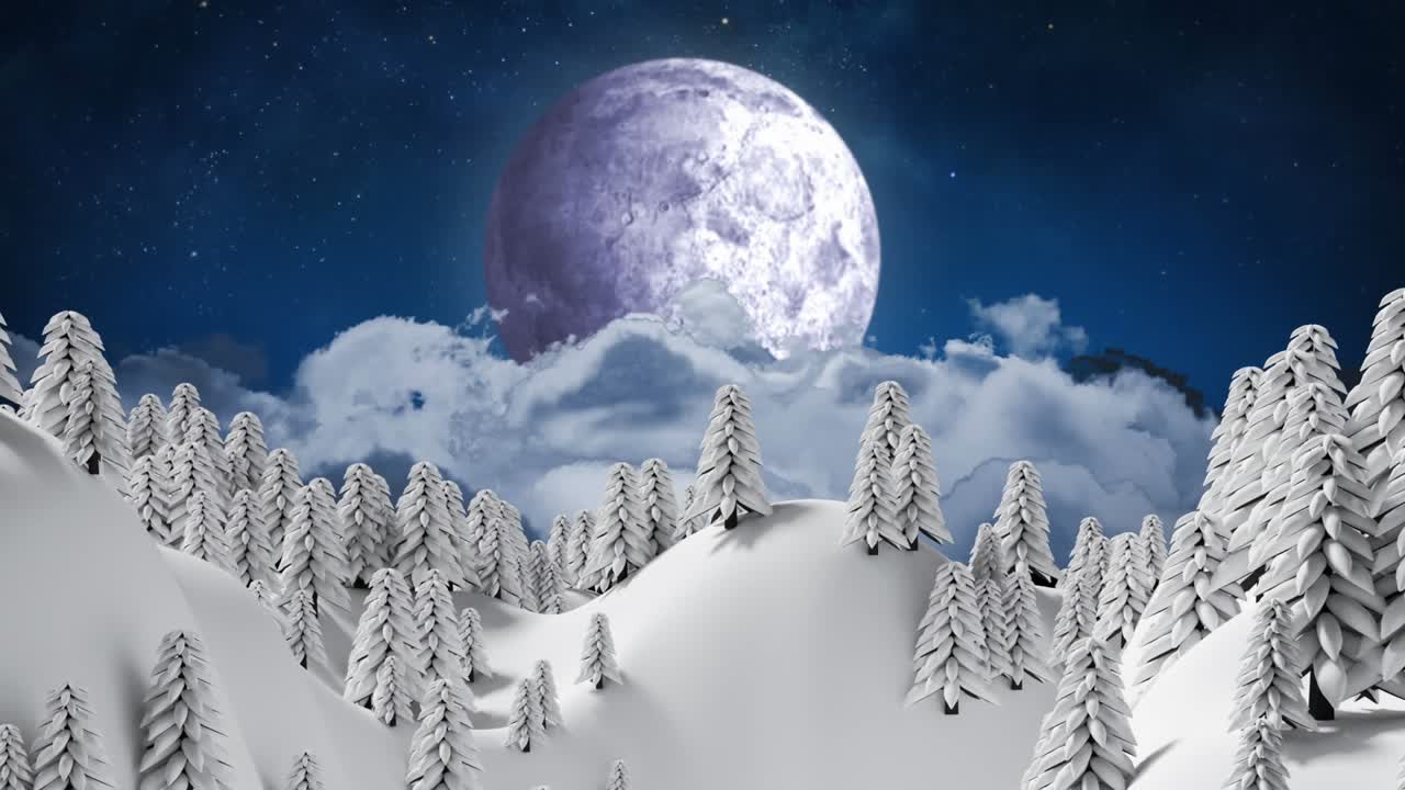 Babbo Natale sta volando su una slitta nel cielo la vigilia di Natale, trainando un sacco di regali dietro di sé.