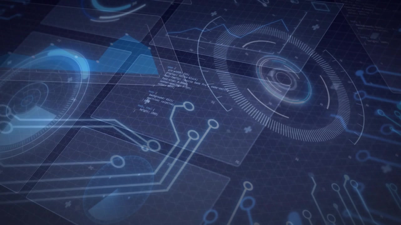 Upon startup translucent grid panels emitting circuit traces toward spinning HUD visualizing code