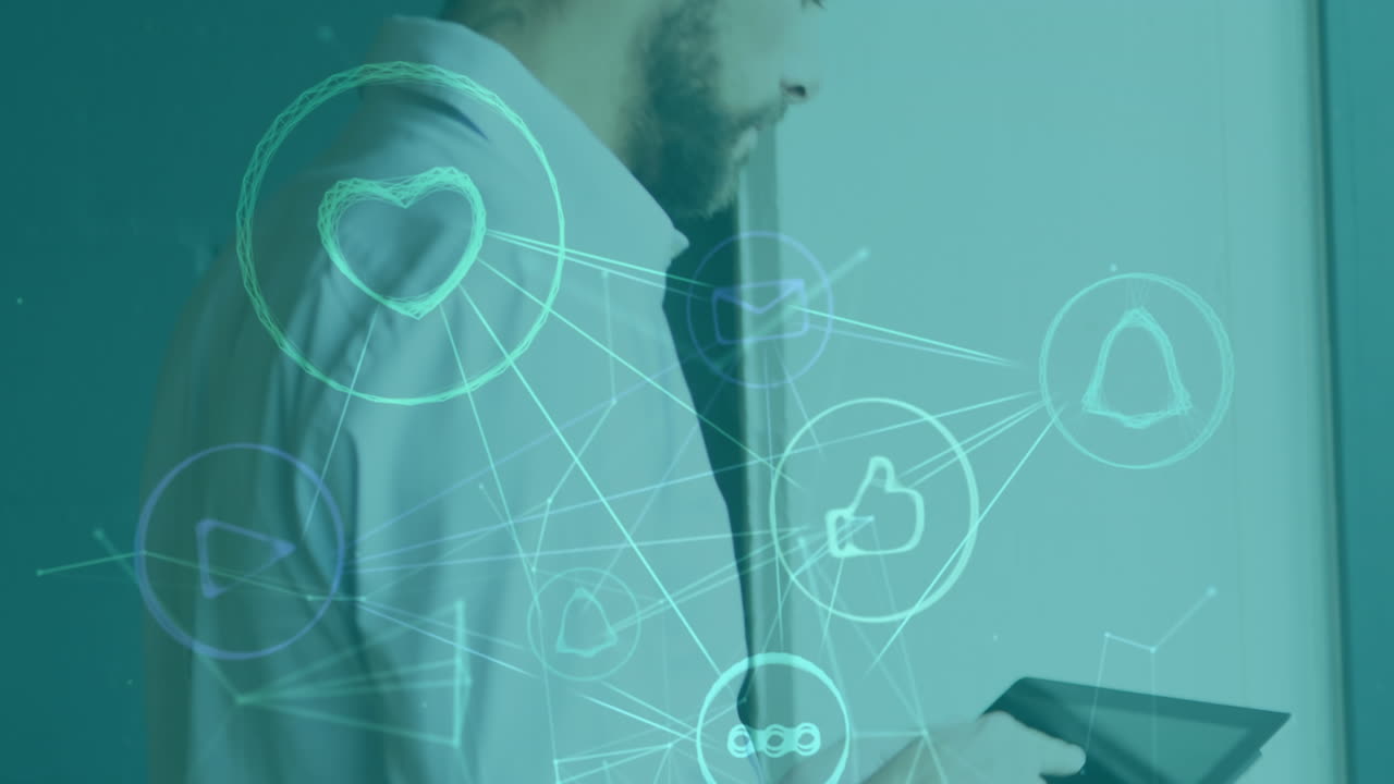 디지털 태블릿을 사용하고 사무실에서 미소 짓는 두 인종의 남성에 대한 디지털 아이콘 네트워크의 애니메이션