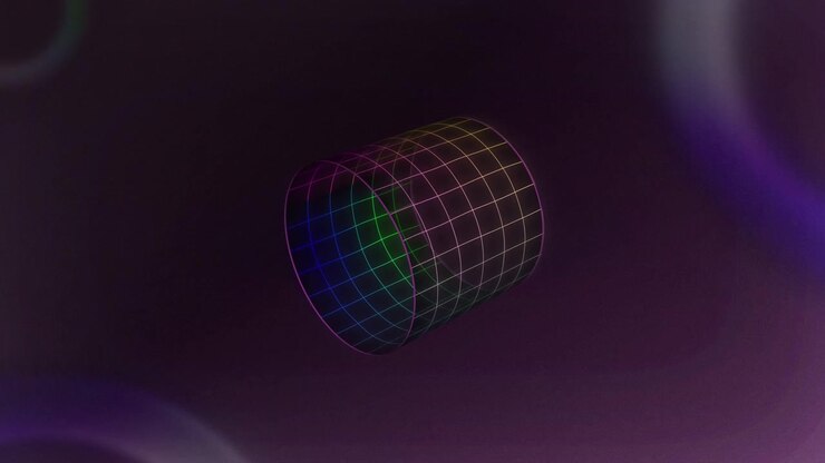 Holographic Projection, A rotating glowing cylinder with vibrant mesh and blurred tubes creates a futuristic 3D interface, perfect for sci-fi visuals, tech, or virtual reality simulations