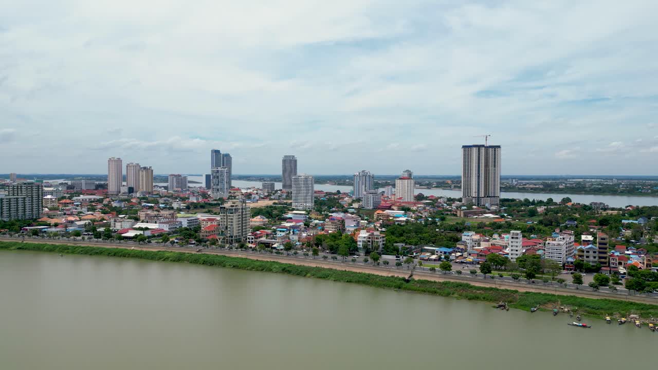 Tonle Sap river Phnom Penh Cambodia city in Southeast Asia Asian aerial drone