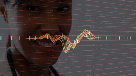 animation of financial graphs over happy biracial female doctor looking at camera