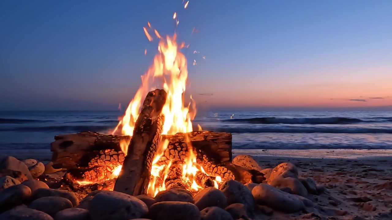 Un sereno falò sulla spiaggia al crepuscolo: ammira l'affascinante danza delle fiamme contro uno sfondo di cieli crepuscolari e onde oceaniche.