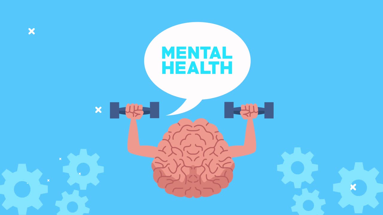 뇌를 들어올리는 덤벨과 음성 버블을 가진 정신 건강 애니메이션