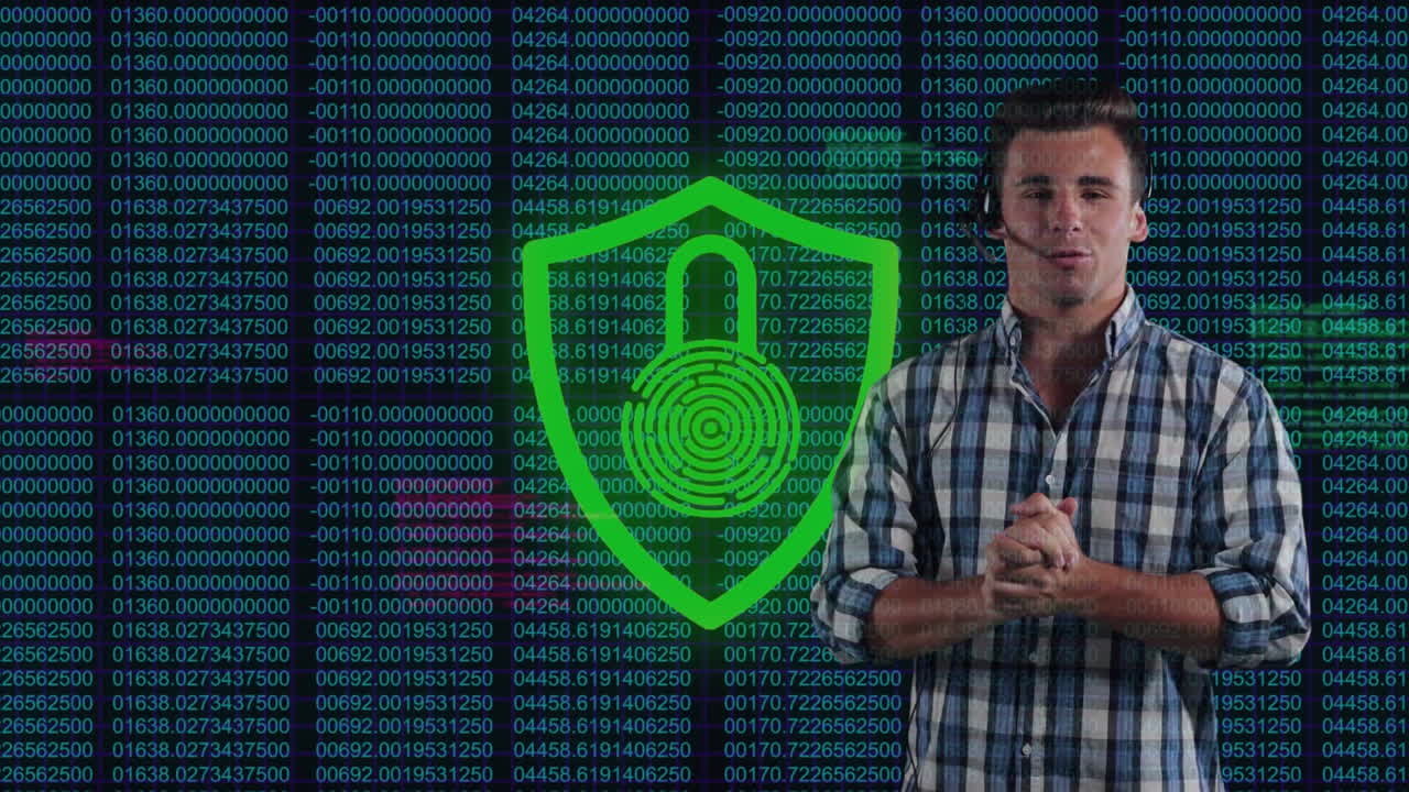 hombre hablando por teléfono con auriculares contra el icono del candado de seguridad