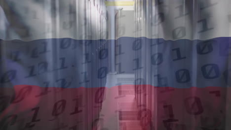 binary code and russian flag animating over server room in data center