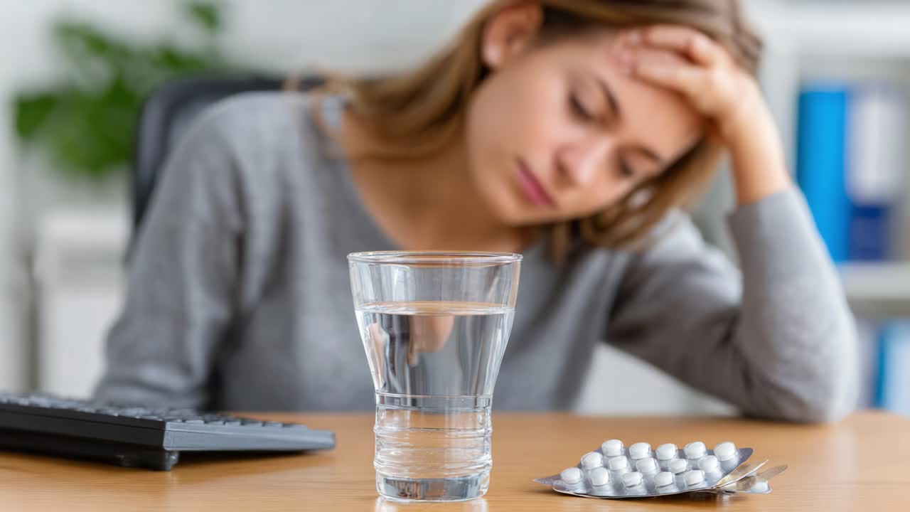 Struggling with stress and fatigue, a young woman contemplates her options, with a glass of water and medication on the table, illustrating the challenges of mental well-being