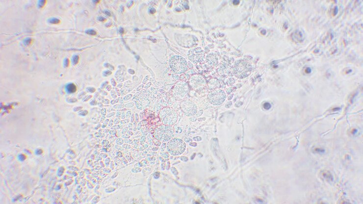 Spore di muffa melmosa appena schiuse e germinate che si trasformano in amebe tra altre spore