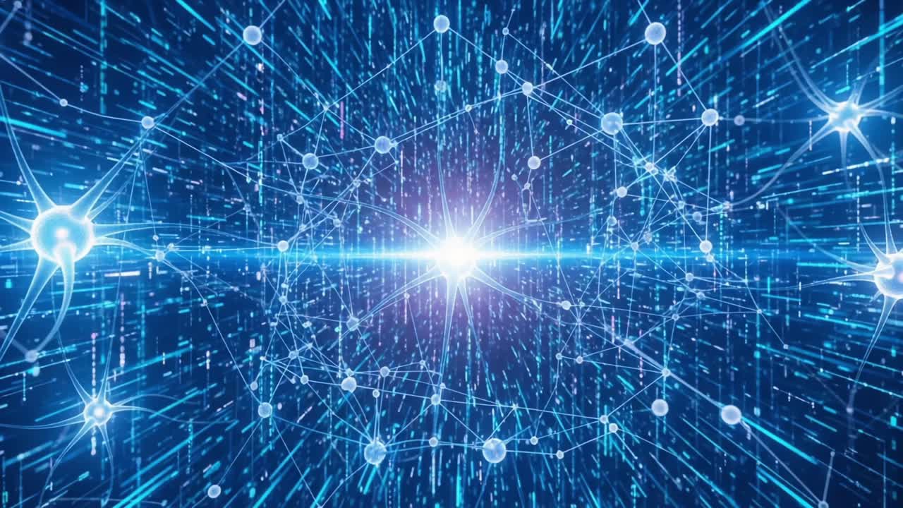 A Stunning Visualization of Quantum Interaction and Energy Convergence, Showcasing Dynamic Light Patterns and Particle Networks in an Otherworldly Digital Space