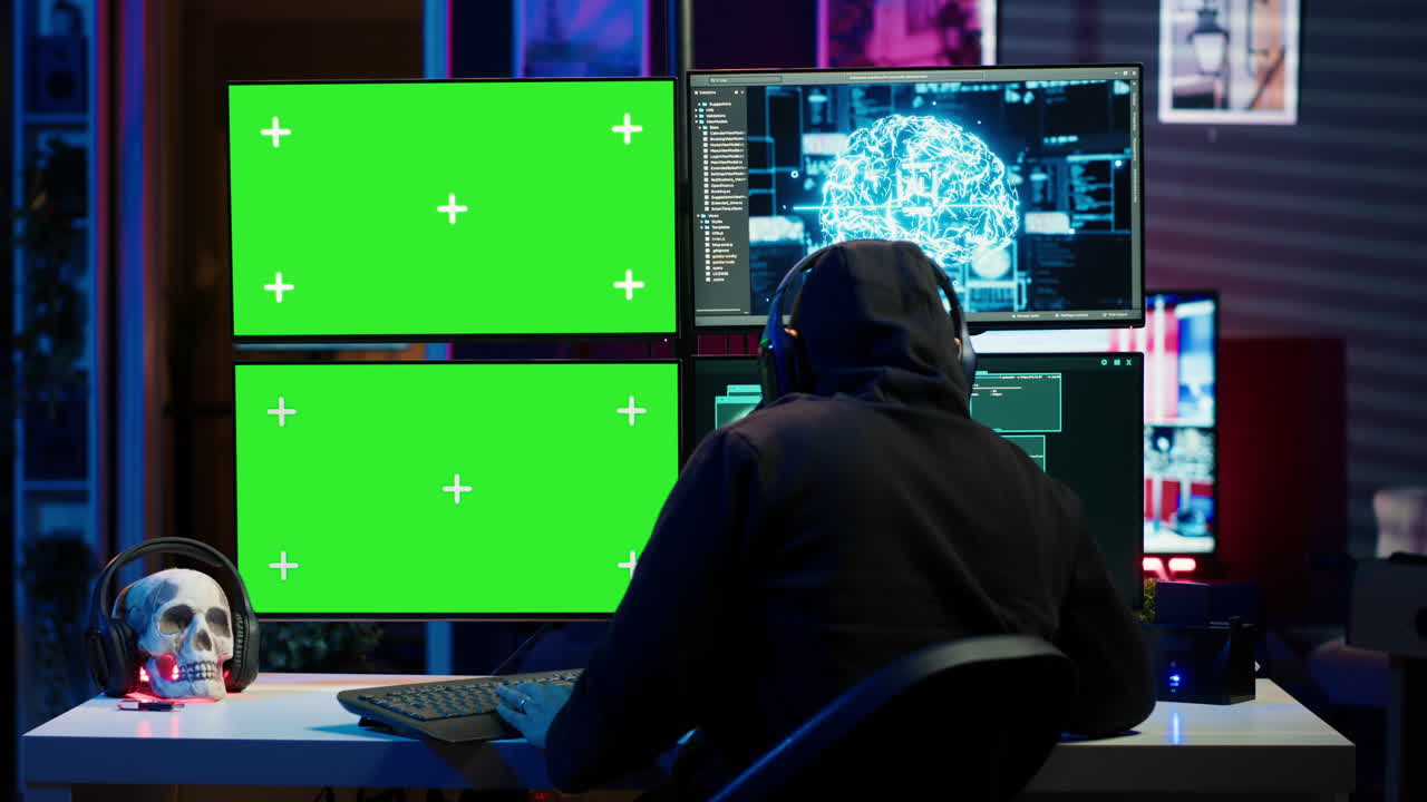 hacker escuchando música mientras usa pc de pantalla aislada y ai para robar datos