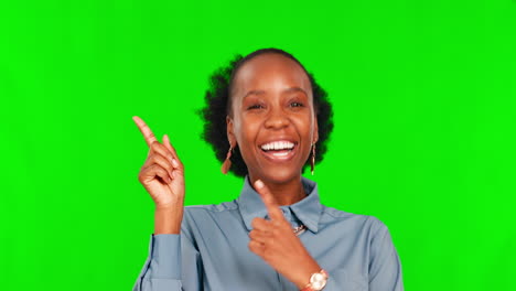 Happy,-face-and-black-woman-with-hand-pointing-to