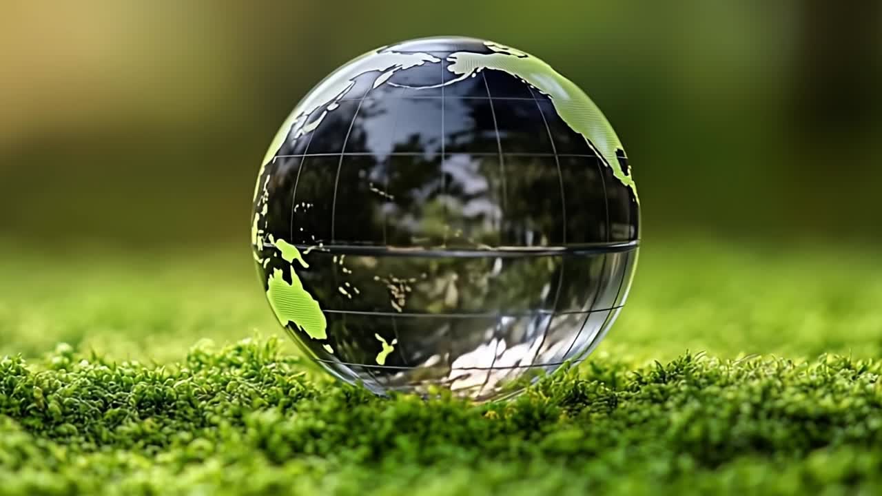 Globe resting on green moss surface. A clear globe sits on lush green moss, reflecting natural light and surroundings, symbolizing environmental awareness.