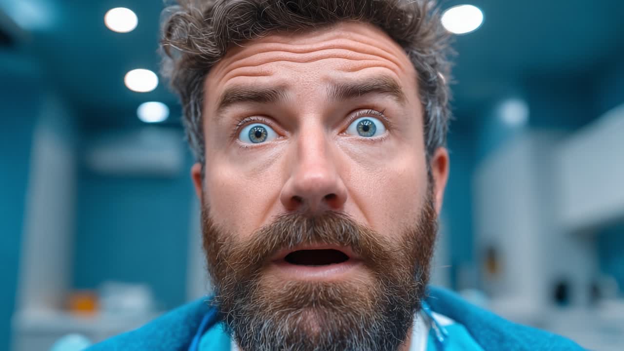 Un uomo sorpreso con barba e capelli ricci in una stanza ben illuminata esprime stupore e shock durante un momento accattivante in un video
