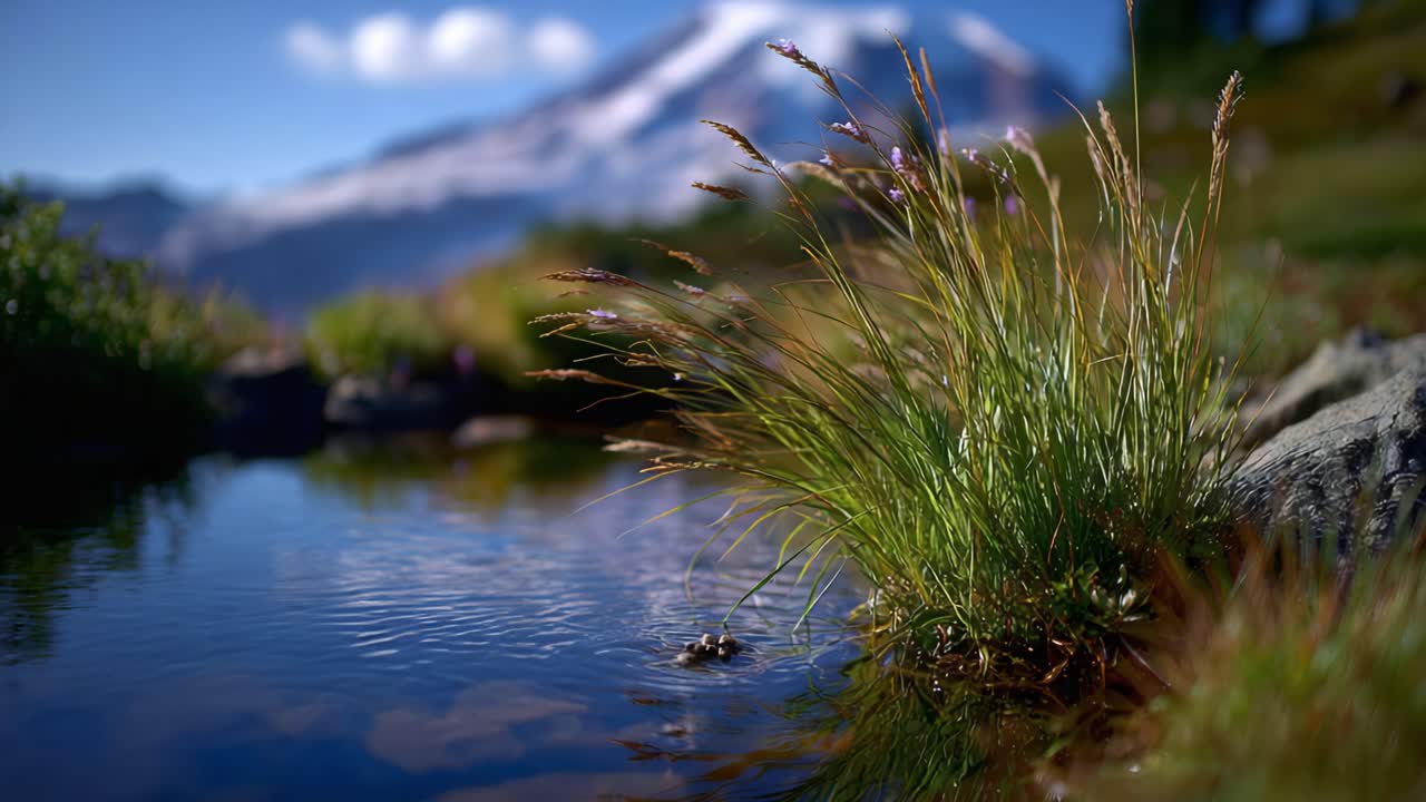 Reflexo sereno de exuberantes margens gramadas em um lago de montanha tranquilo sob um céu azul claro com majestosos picos nevados ao longe.