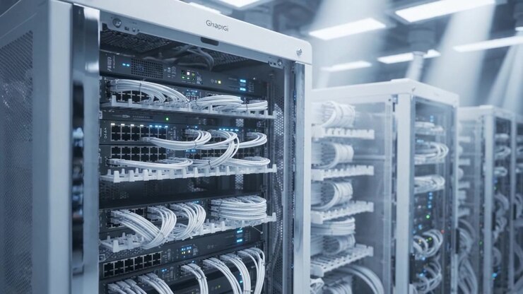 A Detailed View of Modern Data Center Equipment Showcasing Server Racks with High-Speed Connections and LED Indicators in a Low-Lit Environment