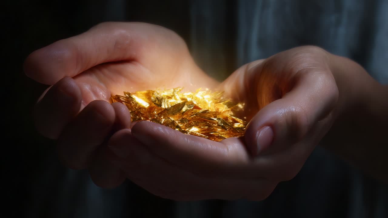 A Glimmering Treasure: A Close-Up View of Hands Holding a Pile of Radiant Gold Flakes, Illuminated by Soft Light, Capturing the Essence of Wealth and Luxury in a Stunningly Beautiful Way