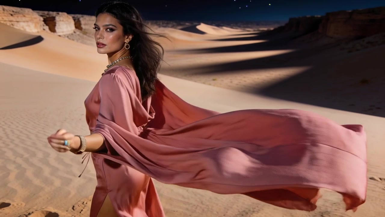 Modella che cammina, avanzando sulle dune, una folata di vento solleva il mantello rosa-cipria e i gioielli per un servizio fotografico di moda.