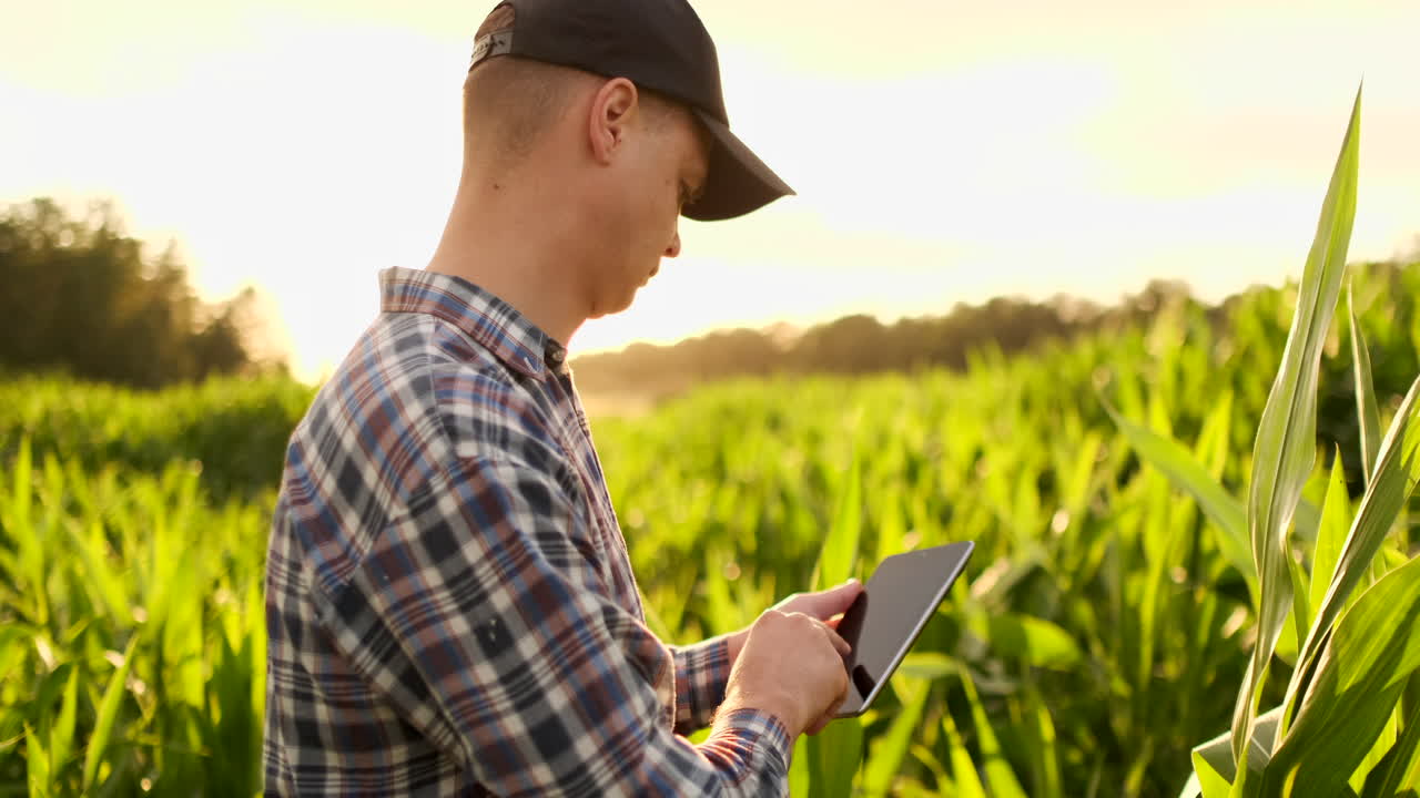 Farmer agronomist with tablet computer in bare empty field in sunset serious confident man using modern technology in agricultural production planning and preparation