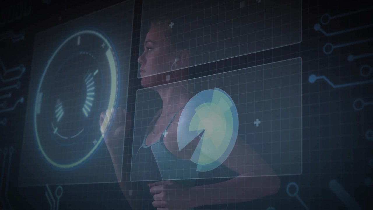 Female runner pacing in lab, motion activating fitness HUD charts rotating, monitoring heart gauge