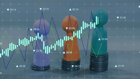 animation of financial data processing over three pawns and stacks of coins