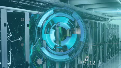 animation of scope scanning and data processing with icons over server room
