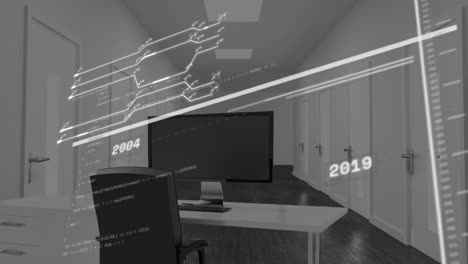 animation of interface with data processing against office desk
