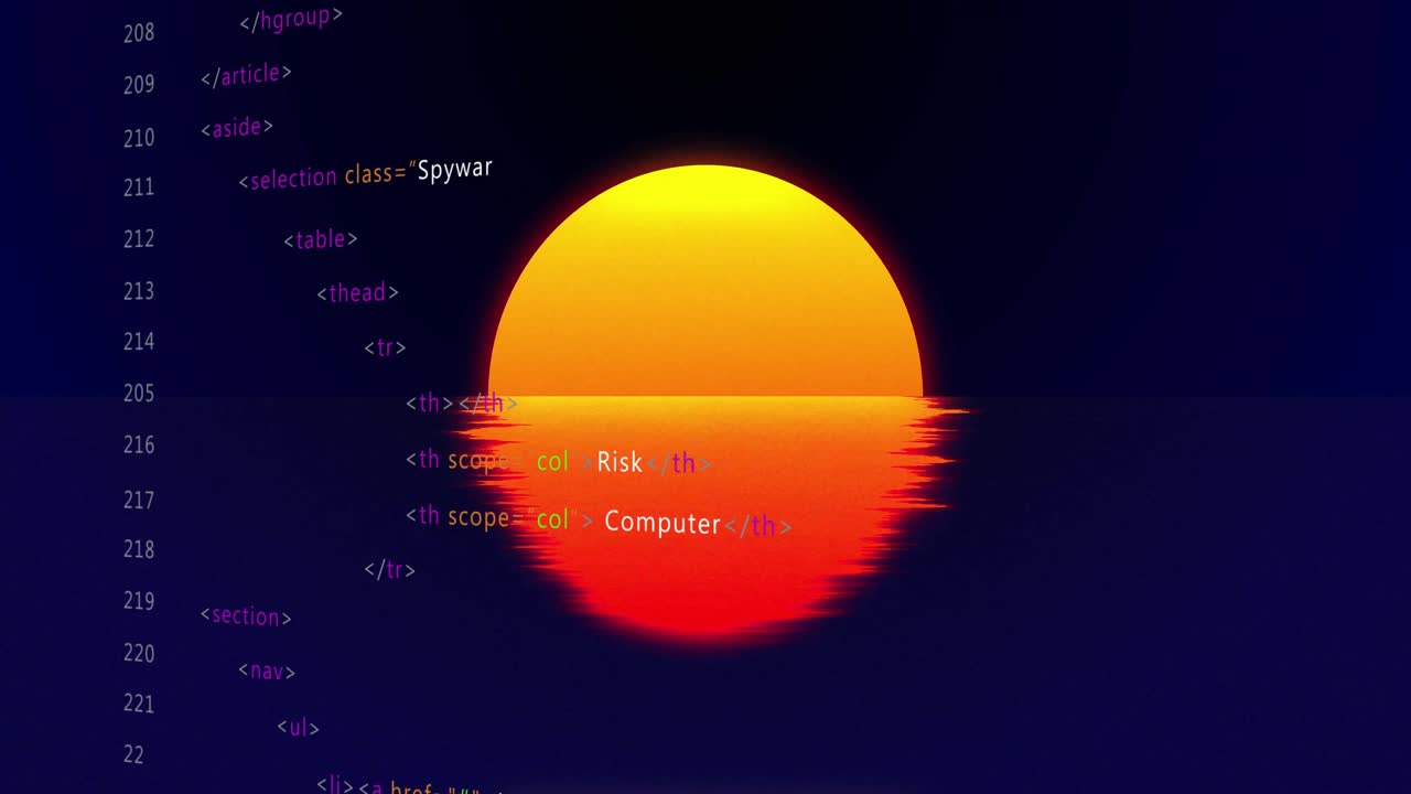 On opening sun graphic reflecting glitching while HTML code scrolling behind showing cyber security