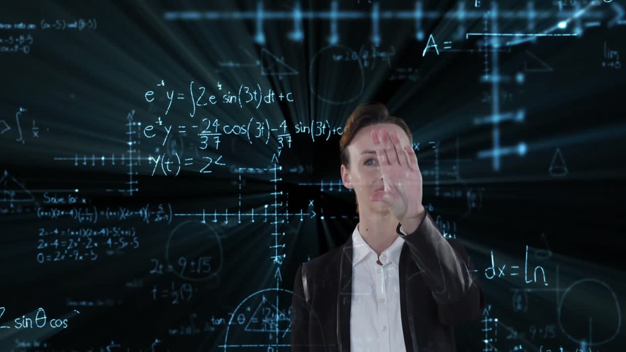 Animation of Caucasian woman touching screen with mathematics formulae on chalkboard floating in f