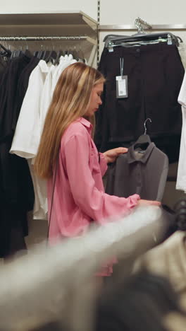 dama vestida con un traje rosa y llevando una bolsa negra examina cuidadosamente una camiseta gris en una tienda de ropa bien arreglada, la tienda está bien iluminada con estantes de ropa organizados en el fondo
