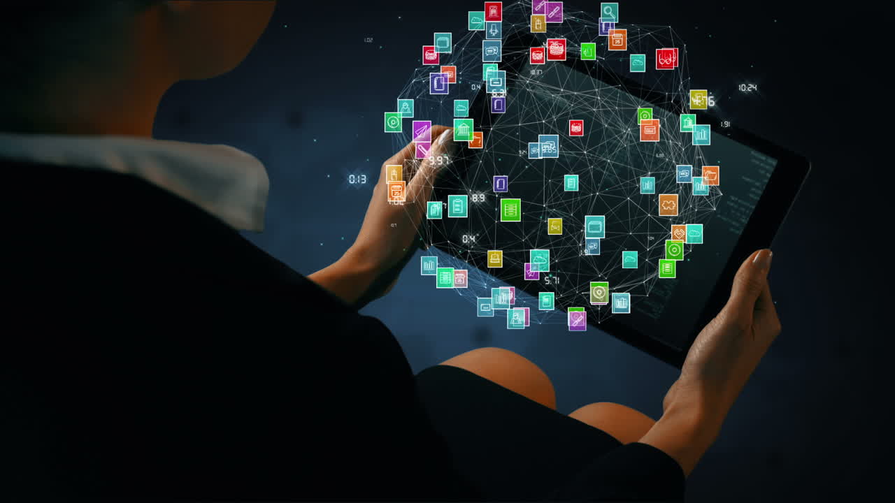 Businesswoman using tablet with digital animation