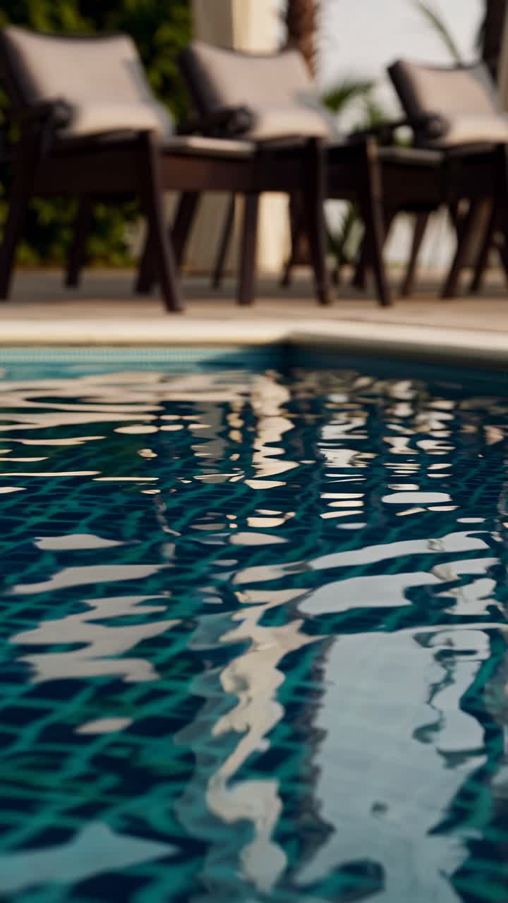 Eine ruhige Poolszene, aus niedrigem Winkel aufgenommen, mit Fokus auf spiegelnde Wasserwellen.