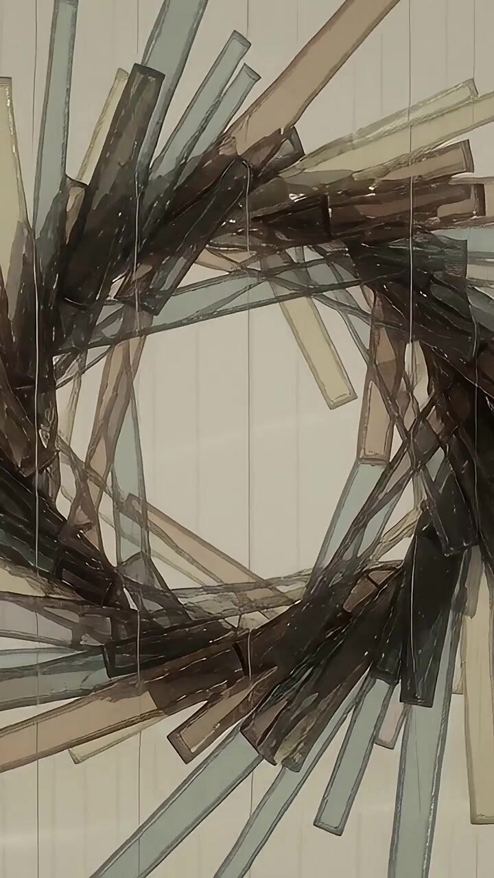 Vertical video: Rotating glass ring sculpture shifting clockwise on paneled wall, wires shifting
