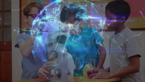 animación del globo digital sobre diversos escolares durante la clase de química