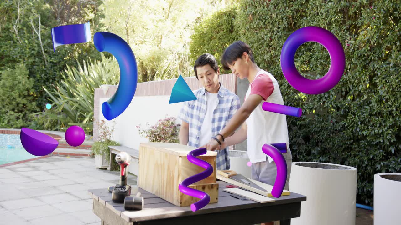 Mentor guiding teen sawing, measuring wood on patio for DIY box, purple blue shapes obscuring bench