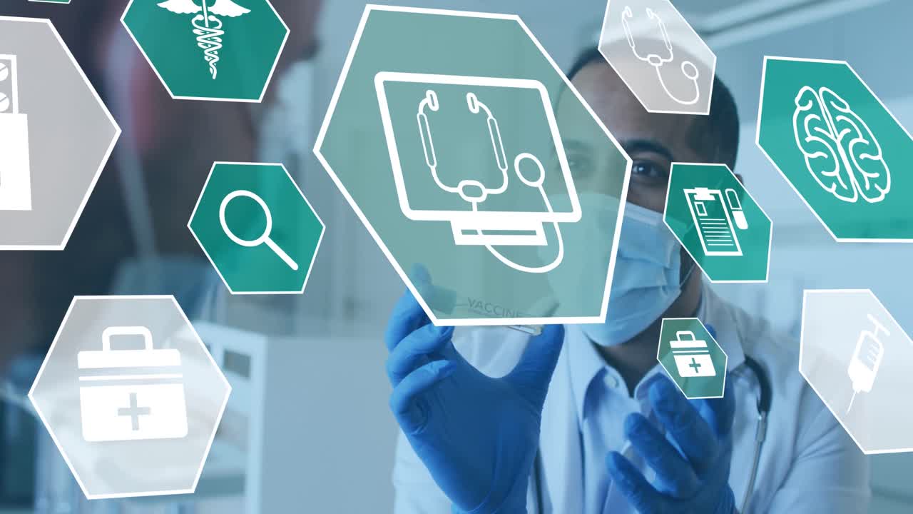 아프리카계 미국인 남성 의사가 환자와 백신에 대해 이야기하는 의학 아이콘의 애니메이션