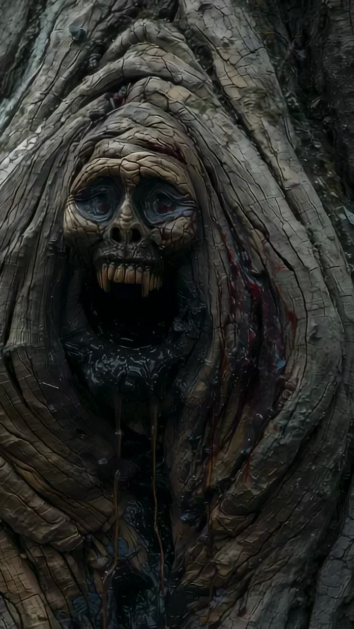 Video verticale: il primo fotogramma rivela un volto simile a un teschio all'interno di un tronco d'albero consumato, da cui trasuda linfa scura
