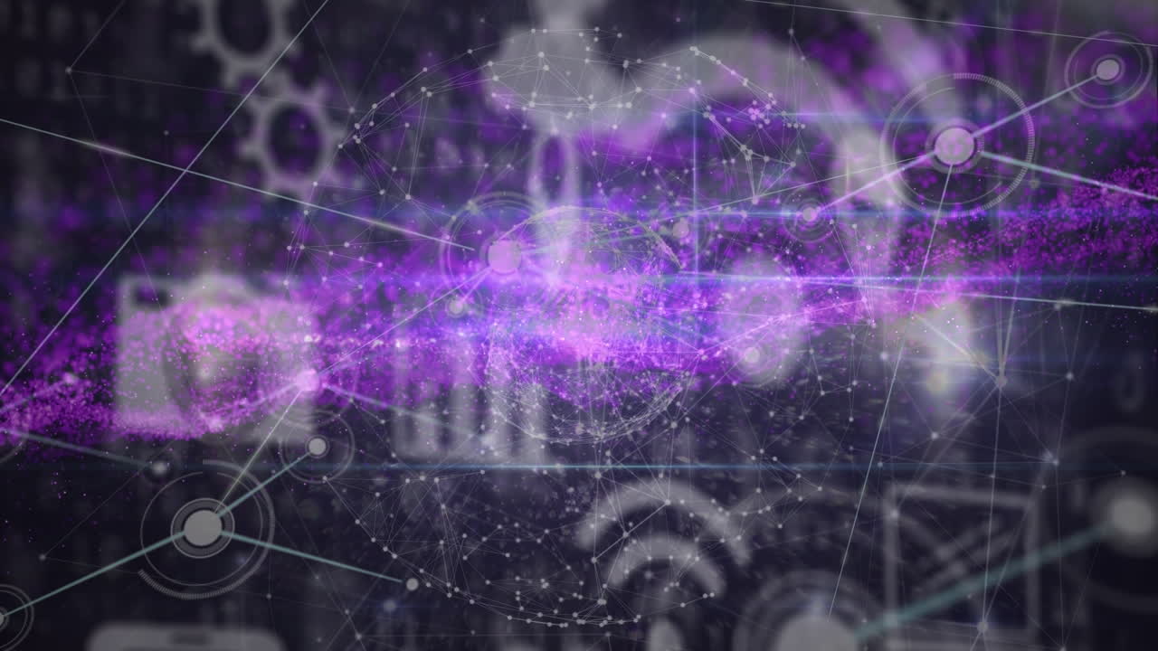 animación de la red de conexiones con íconos y senderos de luz sobre fondo negro