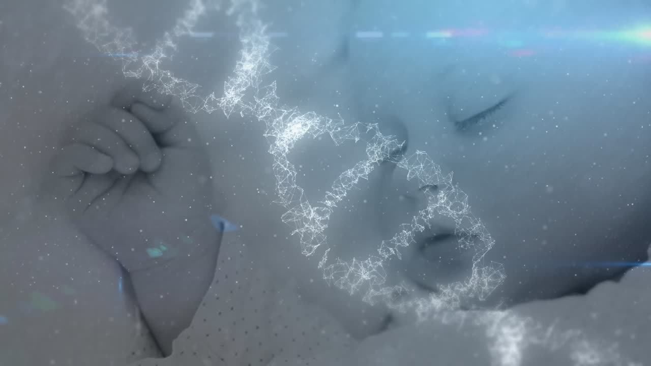 animación de una cadena de adn en 3d girando sobre un bebé dormido