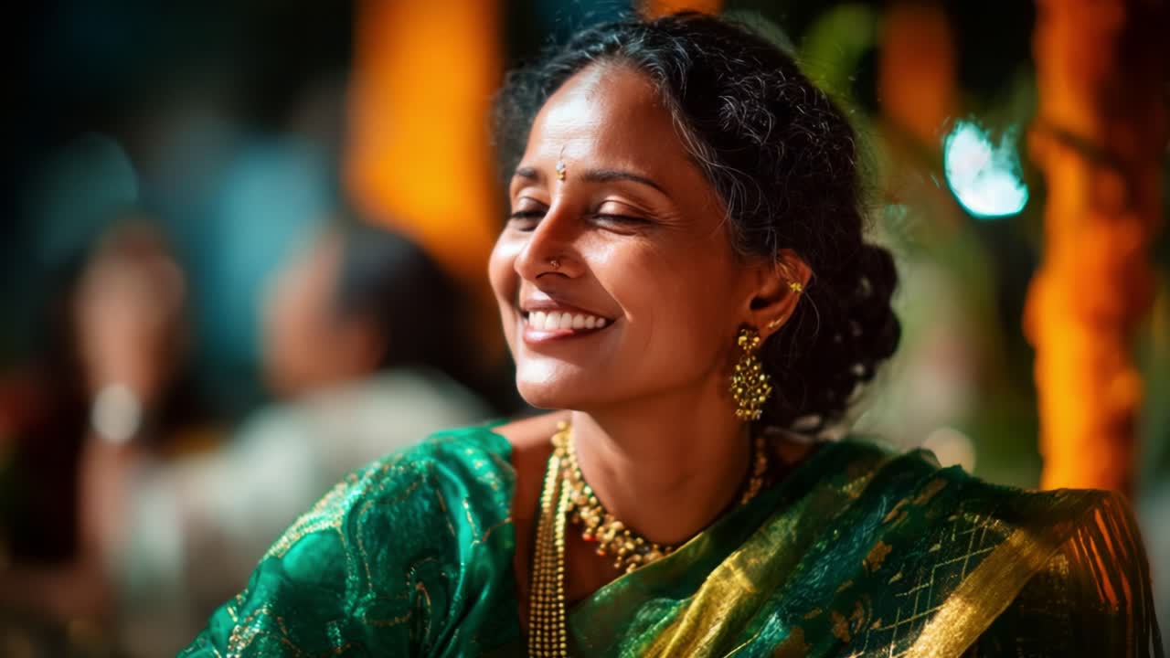 Una donna in un tradizionale sari verde e oro con gioielli elaborati sorride con grazia, circondata da luci calde e decorazioni vivaci, che mostrano la bellezza della festa culturale