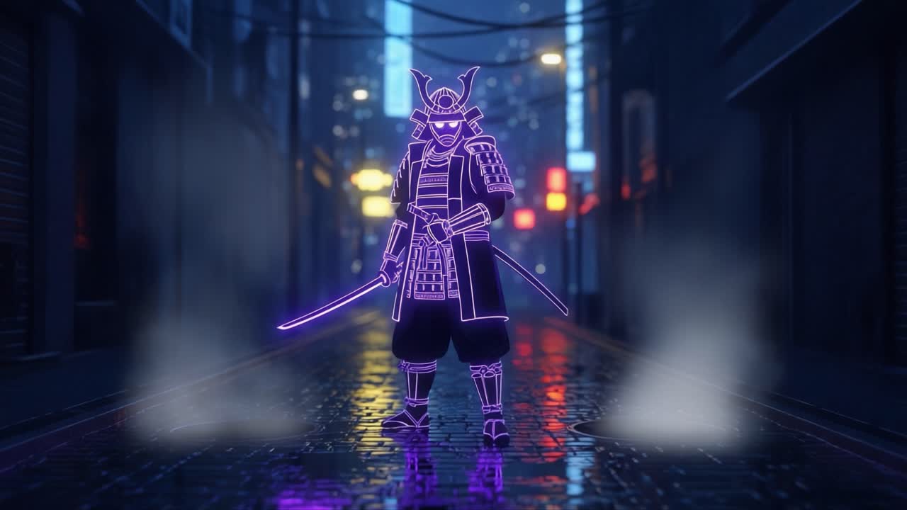 A Neon Samurai Warrior Stands Majestically in a Rain-Drenched Urban Alley, Exuding Strength and Mystery Amidst the Glowing Neon Lights and Fog
