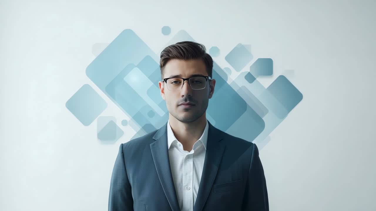 Standing man holding gaze in studio, briefly blinking for ad, glasses, suit, white shirt, blue wall