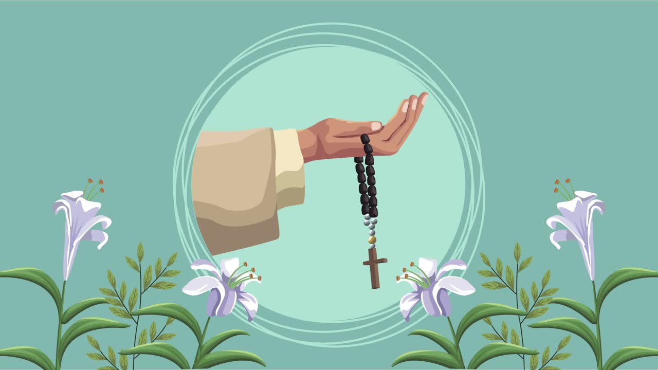 mano del sacerdote con rosario y flores