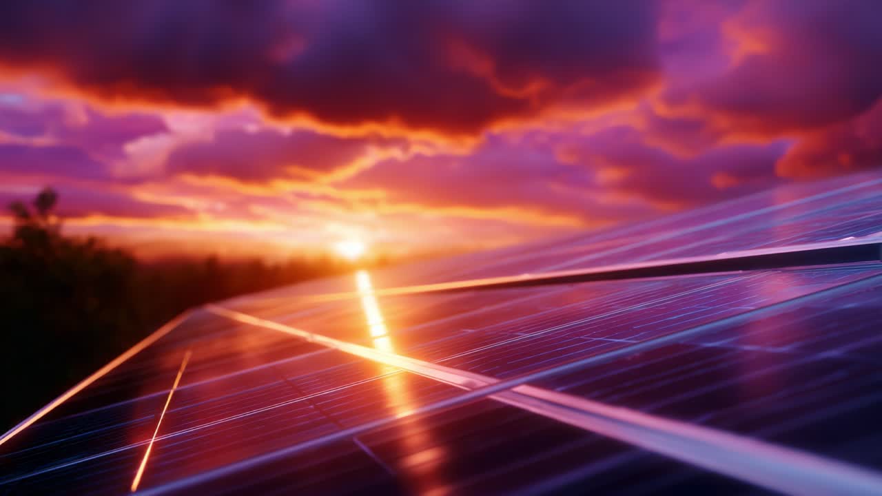 Un tramonto mozzafiato si riflette sui pannelli solari, mostrando la bellezza dell'energia rinnovabile sfruttata dalla luce del sole in un cielo vivido e colorato
