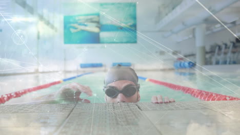 animation of network of connections over fit male swimmer smiling