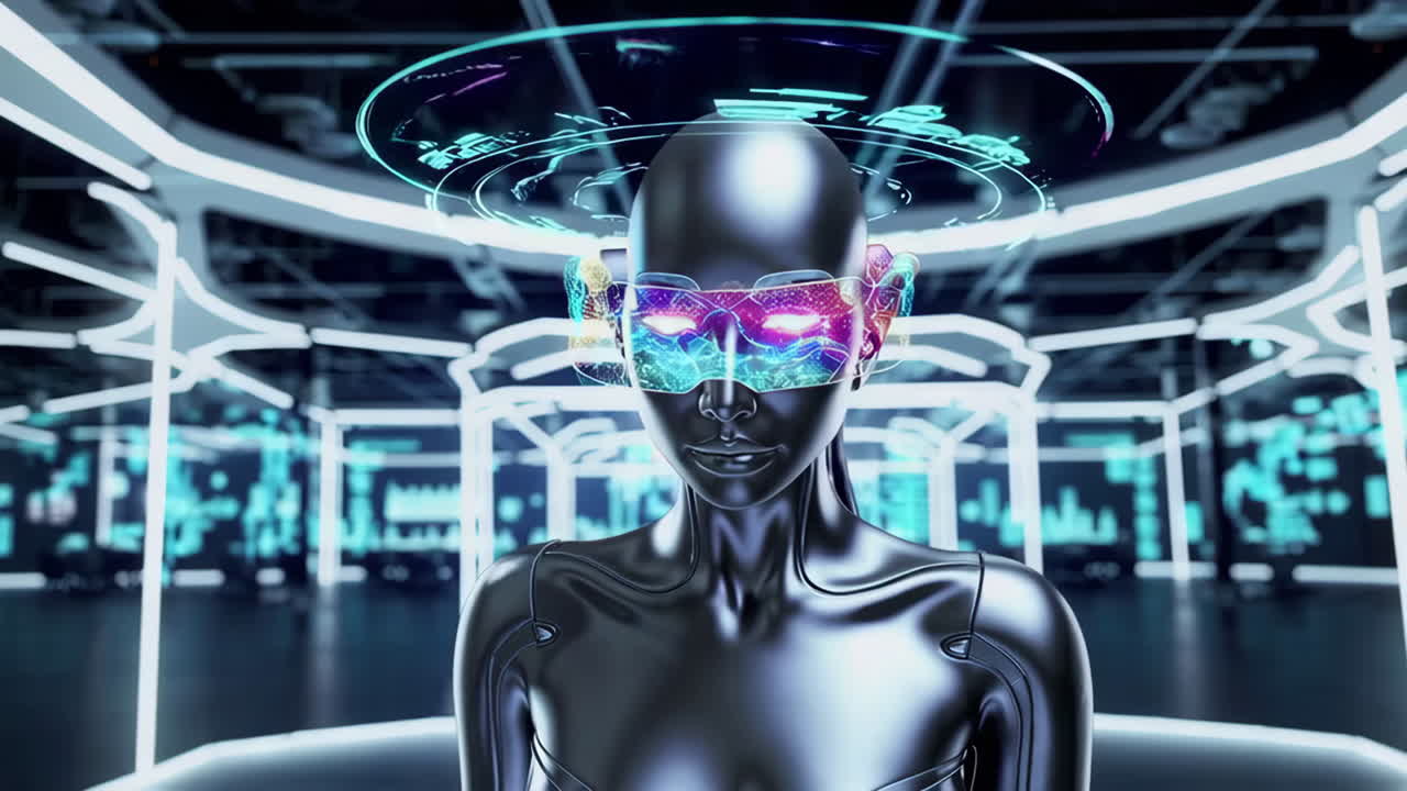 Futuristic Robot or Cyborg with VR Glasses in a Digital Environment