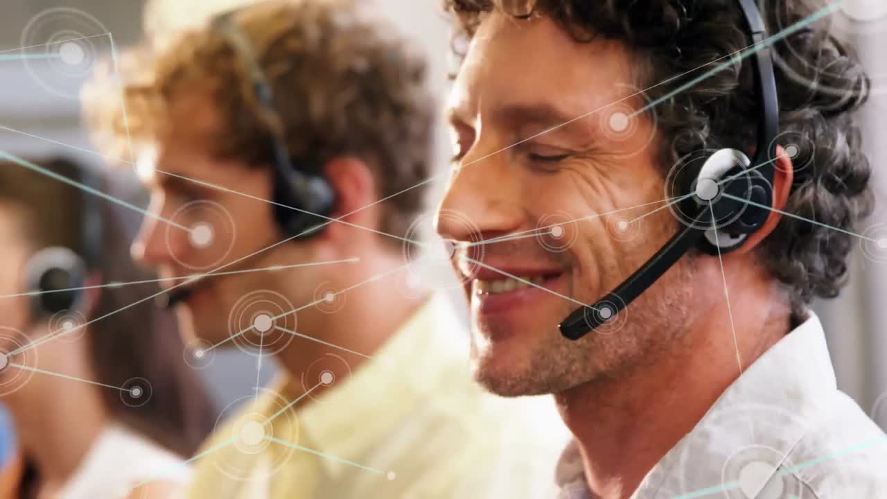 Animation of networks of connections over business people wearing phone headsets